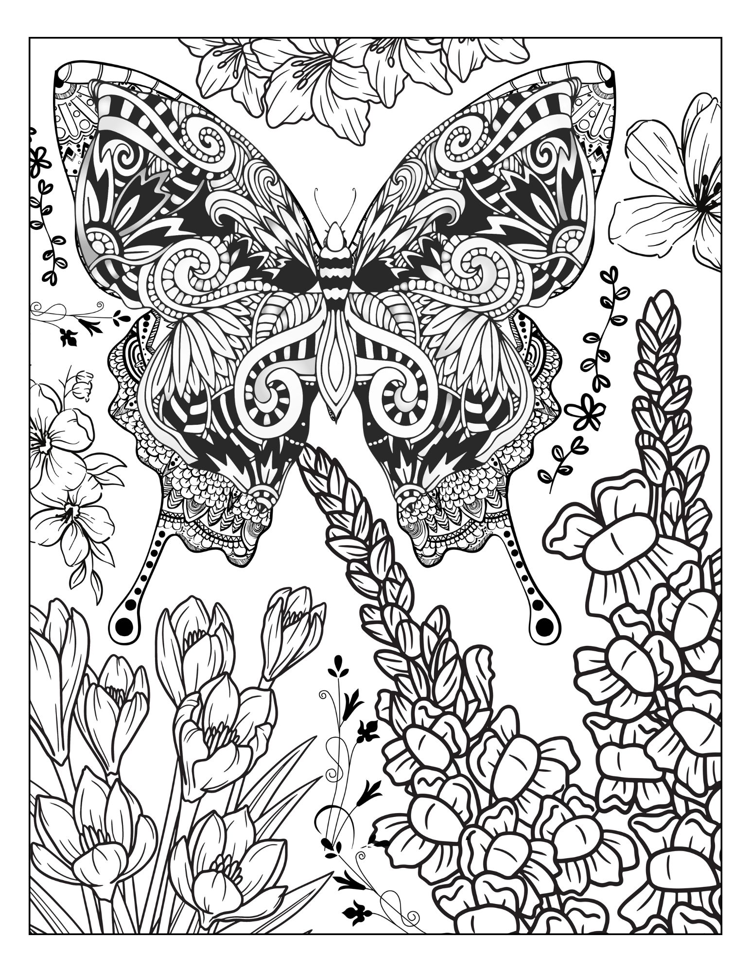 Butterfly with Flowers Coloring Page