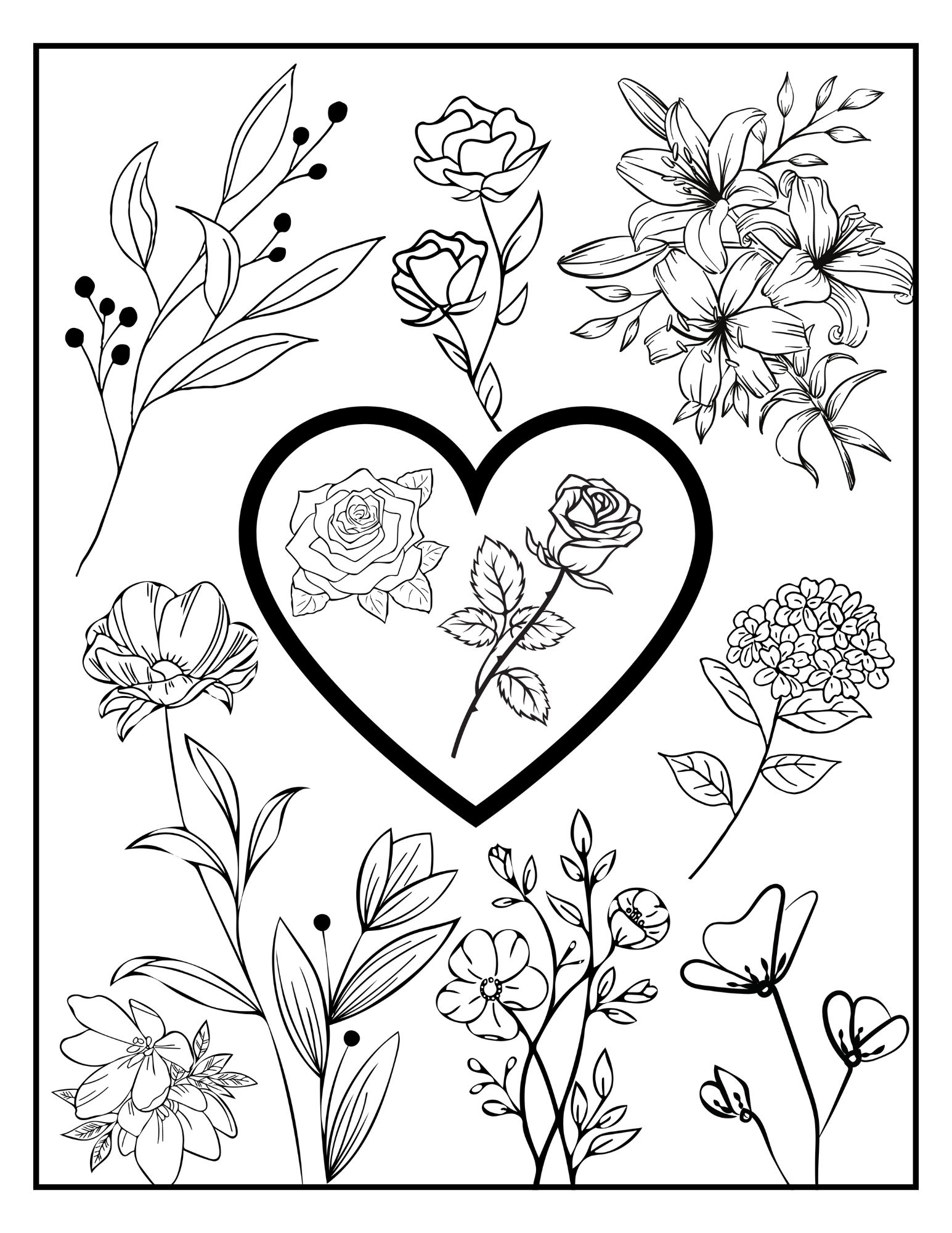 Flowers And Heart Coloring Page