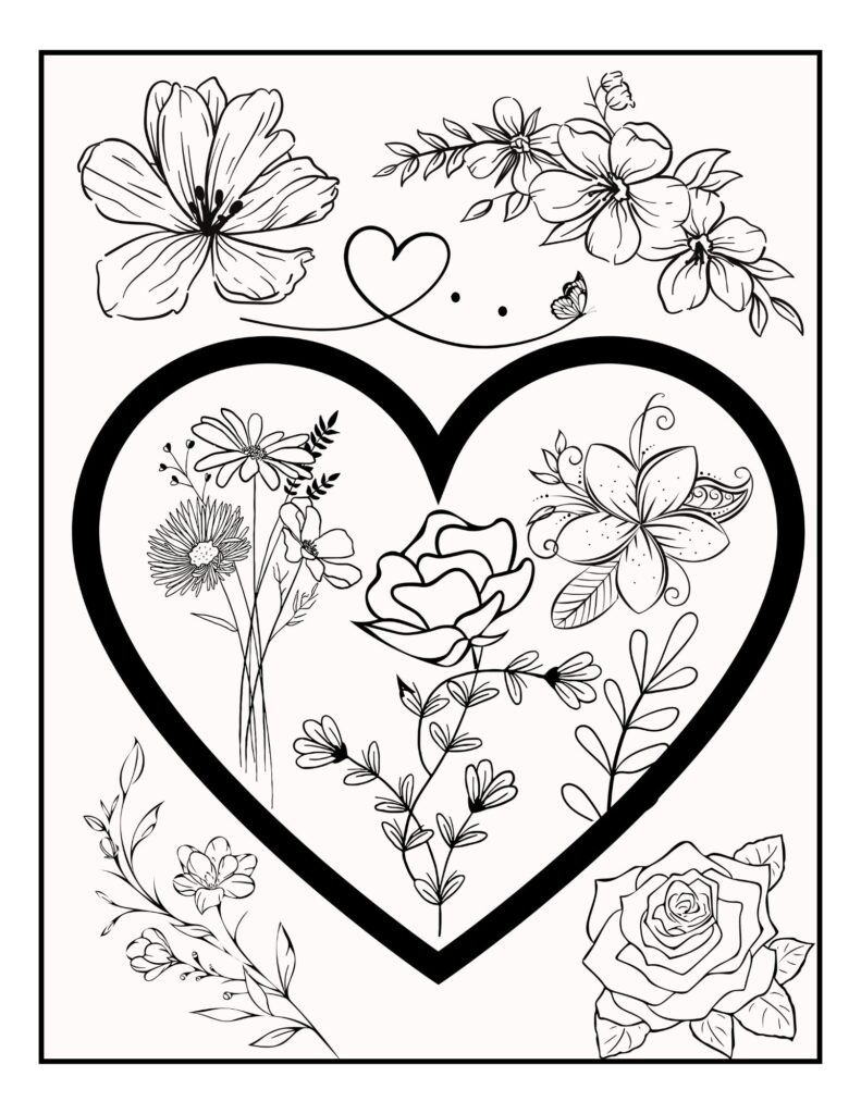 Heart And Flowers Coloring Page