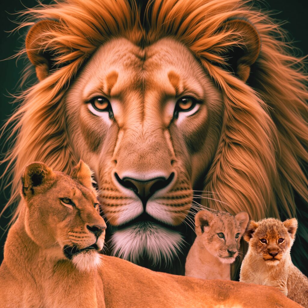 Wall art print of a portrait of a male lion, lioness and two young cubs.